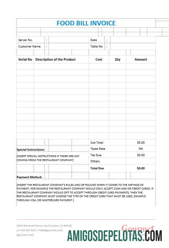 em branco Modelo de fatura de conta alimentar